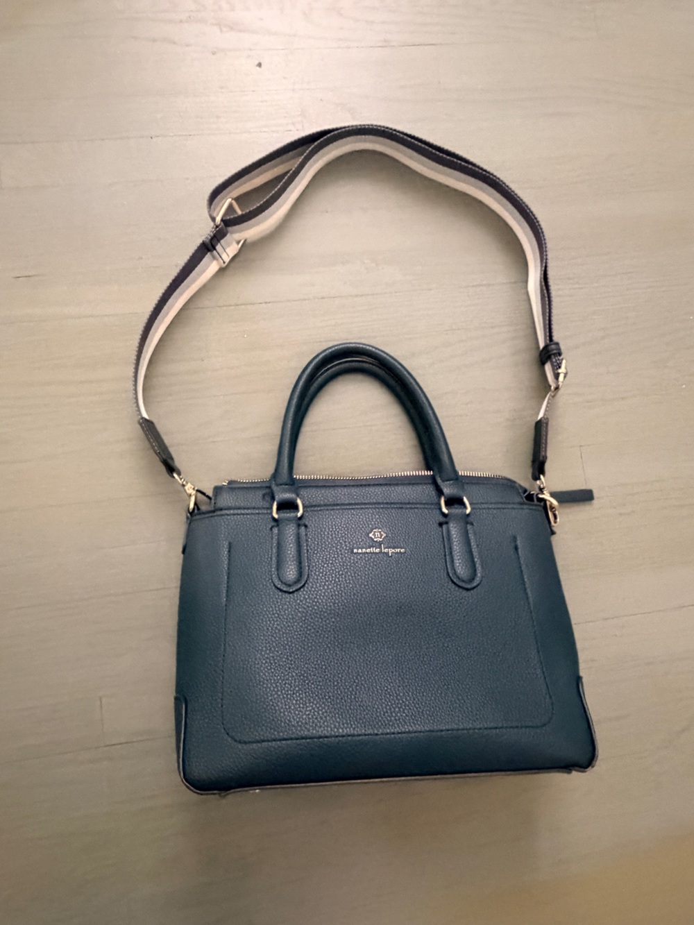 Nanette Lepore Teal Pebbled Leather Tote with Striped Shoulder Strap